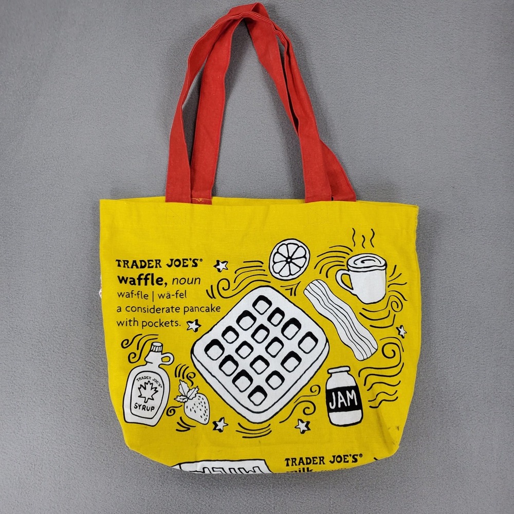 Trader Joe's Tote Bag Yellow Breakfast Waffle Toast Graphic Canvas Reusable